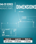 Diagram showing dimensions of 115 Volt Automatic Condensate Removal Pump For HVAC Refrigeration And Dehumidifiers With 80 GPH Capacity, 1/30 HP Thermally Protected Motor, Vertical Type Switch To Minimize Footprint, Overflow Detection Switch, 6 Foot Cord White And Black, Model 554425, with barbed 3/8 inch outlet.