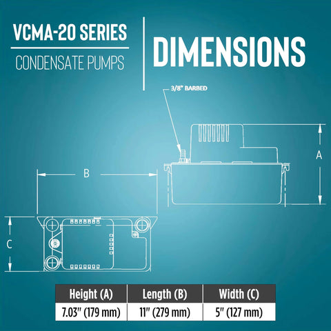 Diagram showing dimensions of 115 Volt Automatic Condensate Removal Pump For HVAC Refrigeration And Dehumidifiers With 80 GPH Capacity, 1/30 HP Thermally Protected Motor, Vertical Type Switch To Minimize Footprint, Overflow Detection Switch, 6 Foot Cord White And Black, Model 554425, with barbed 3/8 inch outlet.