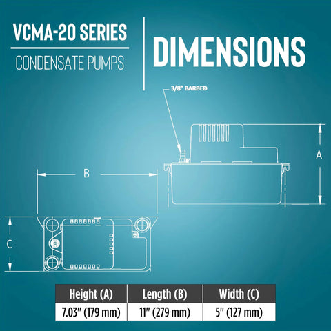 Little Giant VCMA-20ULST condensate pump blueprint diagram with dimensions: 7.03 in high, 11 in long, 5 in wide.