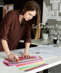 Woman using 12 Inch Titanium Paper Cutter With Side Ruler For Scrapbooking And Crafting No Fuss Paper Trimmer Guillotine For A4 A5 Cardstock Photos Coupons Labels Pink on desk