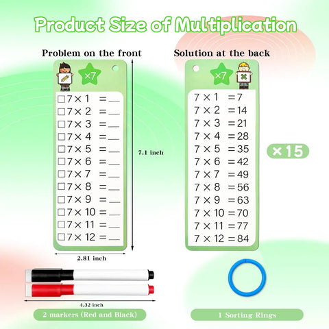 Times Table Flash Cards 0 Through 12 Pack Of 15 showing size, markers, sorting ring, and double-sided design for kids math practice