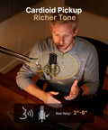 Man using USB Condenser Microphone With Studio Headphones Set for Podcasting and Streaming, Cardioid Vocal Mic With Clear 192 kHz Audio.