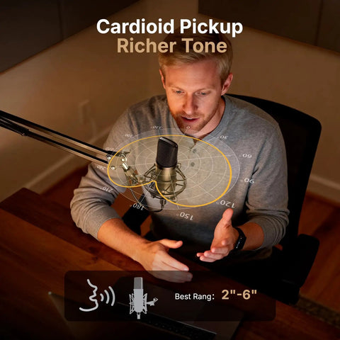 Man using USB Condenser Microphone With Studio Headphones Set for Podcasting and Streaming, Cardioid Vocal Mic With Clear 192 kHz Audio.