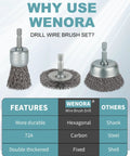 WENORA 10-pack wire brush drill set with 1/4 in hex shanks; coarse carbon steel wheel and cup brushes for rust removal
