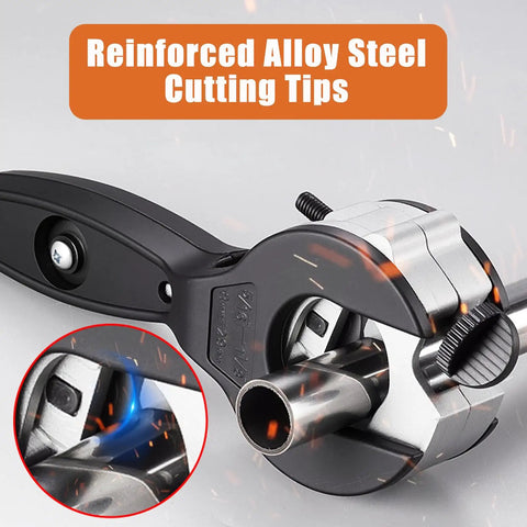 2 In 1 Ratcheting Pipe Cutter For Tight Spaces cutting a pipe, showing reinforced alloy steel cutting tips for clean copper cuts.
