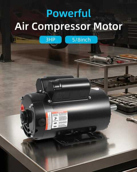 3HP Air Compressor Electric Motor 230V 17.6 Amps 56 Frame in workshop setting on metal table