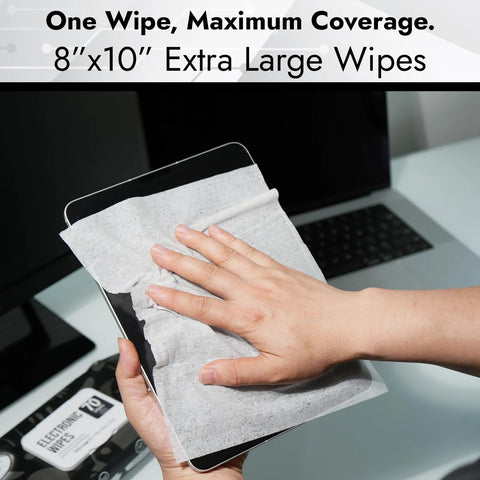 Air Jungles electronic screen-cleaner wipe used on tablet; 8x10 inch white wipe