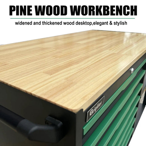 Side view of 13 Drawer Rolling Tool Cart With Wood Worktop, Lockable Steel Tool Cabinet On Brake Casters in black and green.
