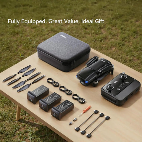 Pocket Size Drone With 4K UHD Camera And 3 Axis Gimbal, 8K Photo, Under 249 Grams FAA Exempt, with accessories on table