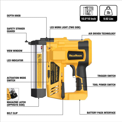 Cordless Brad Nailer And Stapler Combo, Heavy Duty Workhorse 2In1 18Ga Nail Gun showing features and controls for easy use.
