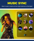 Woman singing beside menu showcasing music sync feature of E12 Smart LED Bulbs 60W Equiv Candle Candelabra, RGBCW Color Changing.