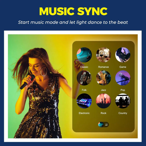 Woman singing beside menu showcasing music sync feature of E12 Smart LED Bulbs 60W Equiv Candle Candelabra, RGBCW Color Changing.