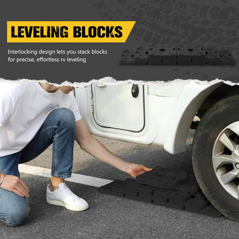Park Your Trailer Crisp And Level Without The Hassle Using These Heavy Duty Stackable RV Leveling Blocks And Jack Support Pads That Snap Together For Campground Peace Of Mind And Come With A Quick Grab Bag, interlocking design.