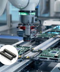 Robotic arm assembling PCBs with Dual Row 2.54mm Pitch DIP IC Socket Connector, 16 Pins, ideal for electronics DIY projects.