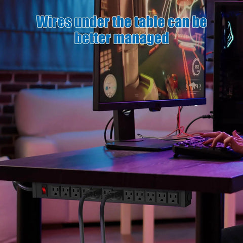 Rotating Mountable Power Strip With 12 Outlets And Wall Mount under desk setup in home office with monitor and cables managed