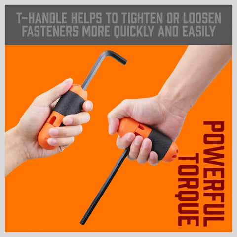 Hands gripping 32 Piece Hex Key Set With Torque Handle A True Workhorse For High Leverage Long And Short Keys Inch And Metric