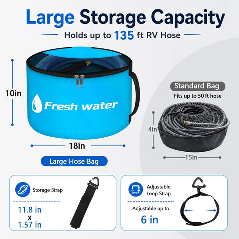 Reinforced RV Hose Storage Organizer with blue large bag for 135 ft hoses, featuring waterproof cover and clear labels.