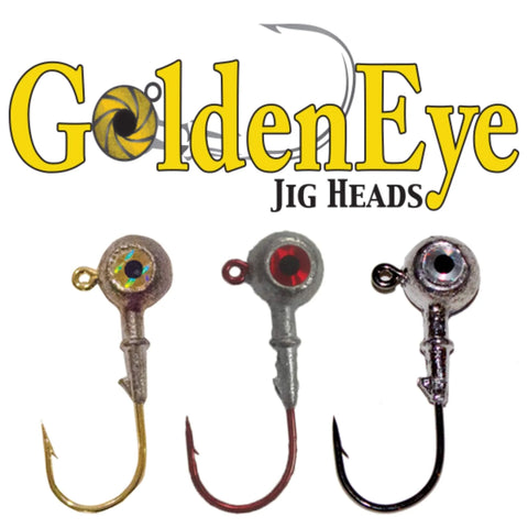 GoldenEye One Eighth Ounce Jig Head For Inshore Fishing, Five Count Bag With Soft Plastic Lures displayed in three colors