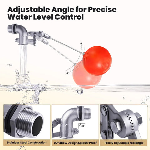 Heavy Duty Stainless Steel Float Valve For Water Tanks With Six Inch Float Ball And Three Quarter Inch Inlet Automatic Water Level Control For Commercial Agricultural And Industrial Use Rust Resistant 304 Grade, adjustable angle