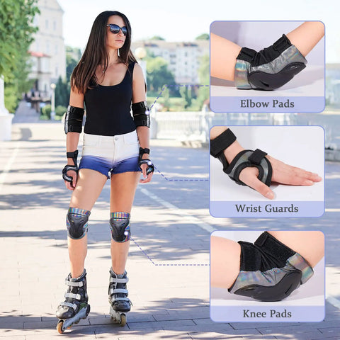 Woman wearing Pro Grade Knee Pads Elbow Pads And Wrist Guards Protective Gear Set For Skateboard And Roller Skating in black size M