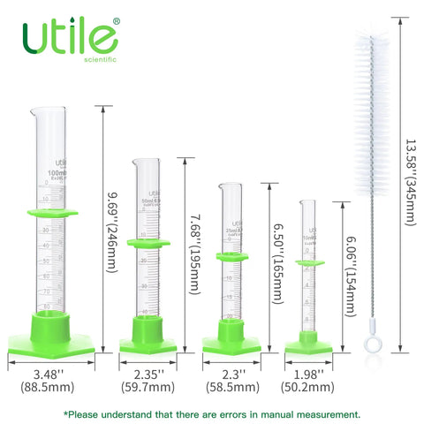 Pro Grade Glass Graduated Cylinder Set With 10ml 25ml 50ml And 100ml Sizes Plus Cylinder Brush, 3.3 Borosilicate Glass With Hex Base