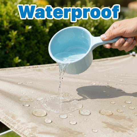 Water being poured on a Beige 9.5 Foot Square Waterproof Sun Shade Sail Canopy Awning For Outdoor Patio Backyard Garden Carport UPF50 Plus UV Block 95 Percent Water Resistant with water beading off.