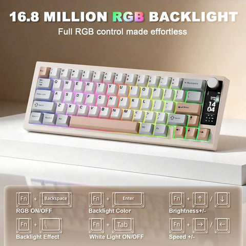 Slick Wireless Mechanical Keyboard Featuring Sixty Eight Keys In Warm Beige with customizable RGB backlight and TFT screen.