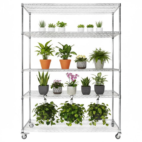 5 Tier Beefy Heavy Duty Adjustable Storage Rack With Wheels And Shelf Liners, 7500 Lbs Total Capacity, with potted plants