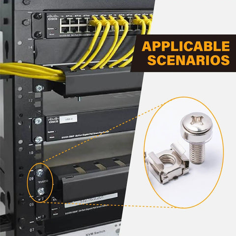 Bulletproof M6 X 20mm Rack Mount Screw Kit With Cage Nuts And Washers For Network Servers And Routers shown in server rack setup.