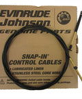 OEM 14 Foot Snap In Outboard Control Cable For OMC BRP Boats, 0173114, showing packaging and cable with metal eye end.