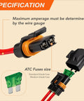Bulletproof Waterproof Sealed Inline Fuse Holder Kit For Ato Atc Fuses with connectors showcasing wire gauge and fuse sizes.