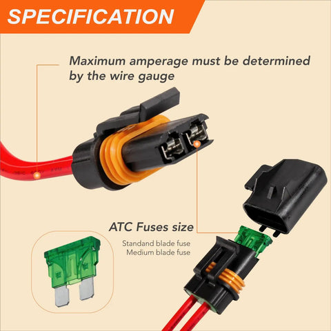 Bulletproof Waterproof Sealed Inline Fuse Holder Kit For Ato Atc Fuses with connectors showcasing wire gauge and fuse sizes.