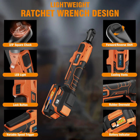 Cordless Three Eighths Inch Ratchet Wrench With Brushless Power, 74 Foot Pounds Of Torque, shown with features like LED light.