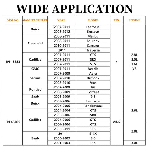 Camshaft Retaining And Alignment Timing Tool Kit For General Motors Vehicles application chart, showing compatible models and engines