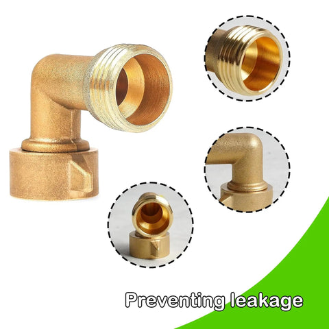 Two Pack Brass 90 Degree Garden Hose Elbow Connectors for Three Quarters Inch Hoses Heavy Duty Hose Adapters with Two Washers