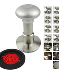 Top Shelf 58.5mm Espresso Tamper Kit Featuring Matte Aluminum Jellyfish Handle And Food Grade Stainless Steel Base With Heavy Duty Silicone Puck Screen And Rugged Case For Daily Drivers Cracking Boss Shots. Aluminum tamper with silicone puck screen.
