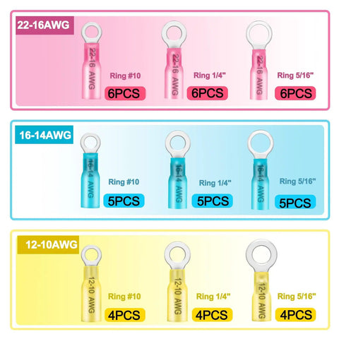 Beefy Marine Grade Heat Shrink Ring Connectors Assortment For Auto And Boat Wiring Tinned Red Copper In Three Colors Gauges 22-16, 16-14, 12-10