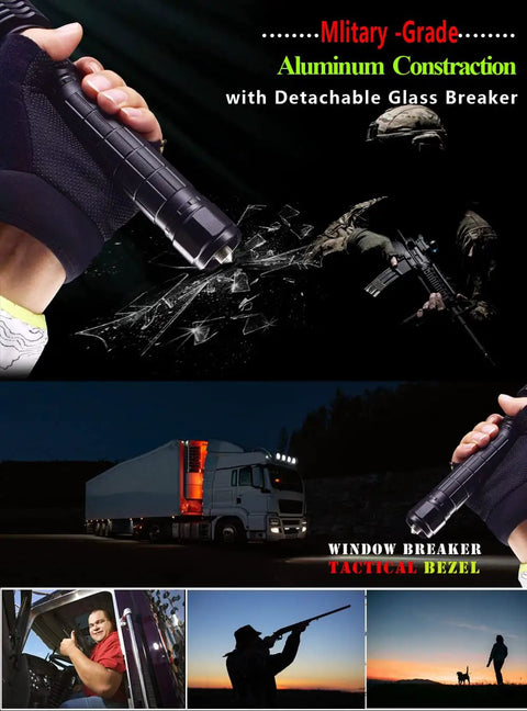 6000 Lumen Rechargeable Waterproof Flashlight With P50 LED, tactical bezel breaking glass with images of truck and hunting.