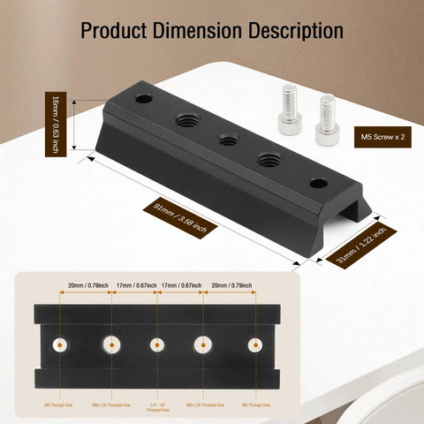 Finderscope Dovetail Mount Plate For Telescopes Universal Rail Base with M5 screws, detailed dimensions shown.