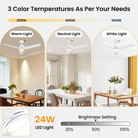30 Inch Ceiling Fan With Lights And Remote, 5 Reversible Blades shown in warm, neutral, and white light settings in dining rooms