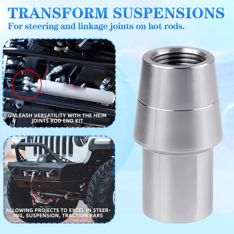 Three Quarters Inch 16 Thread Weld In Bung Tube Adapter Kit For Left Hand And Right Hand Heim Joint Universal Weld In Tubing Heavy Duty Fabrication Accessory For Off Road Truck And DIY Suspension Linkage, silver steel bung