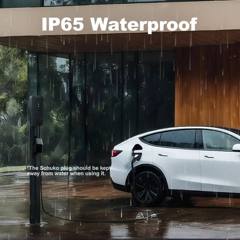 Tesla Level 1 2 Portable EV Charger With 20Foot Cable 3.5kW Home Charging Station in rain, Model Y plugged in