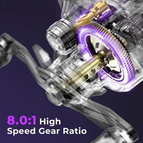 Close-up of 8.0:1 high-speed gear in the Royale Legend Pro Baitcasting Reel With Fast 8.0 To 1 Gear Ratio And AutoMag Dual Braking.