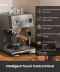 Pro Grade 15 Bar Espresso Machine With Adjustable Pressure And Auto Milk Frother Dual PID Temp Control 550ml Boiler And 57oz Tank Stainless Steel Home Coffee Maker For Cappuccino And Latte with touch control panel.
