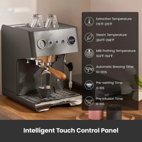 Pro Grade 15 Bar Espresso Machine With Adjustable Pressure And Auto Milk Frother Dual PID Temp Control 550ml Boiler And 57oz Tank Stainless Steel Home Coffee Maker For Cappuccino And Latte with touch control panel.