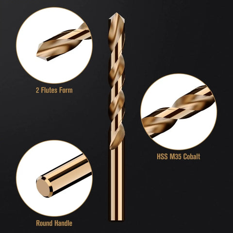 Heavy Duty 115 Piece M35 Cobalt Drill Bit Set with 2 flutes and round handle for precise drilling in steel and wood.