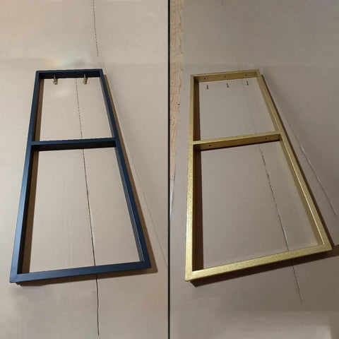 Rock Solid Heavy Duty Floating Shelf Brackets Wall And Ceiling Mount Metal Hanging Shelf Support Kit No Plank Included, metallic black and gold frames.