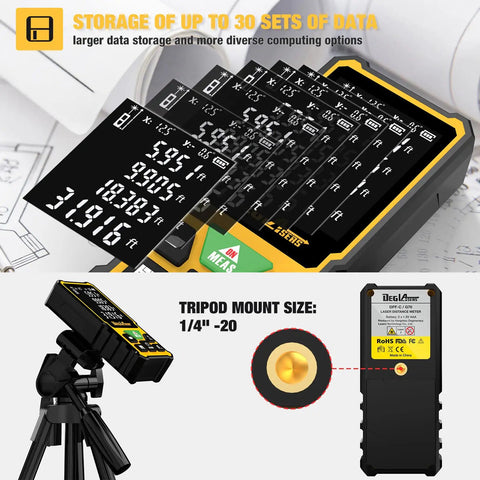 Green Laser Distance Meter With Angle Sensor, 328 Feet Range, Measures Distance Area And Volume, Pythagorean Mode, Plus Or Minus One Sixteenth Inch Accuracy, Multiple Units Including Feet And Inches And Meters, 2.4 Inch Backlit LCD on tripod