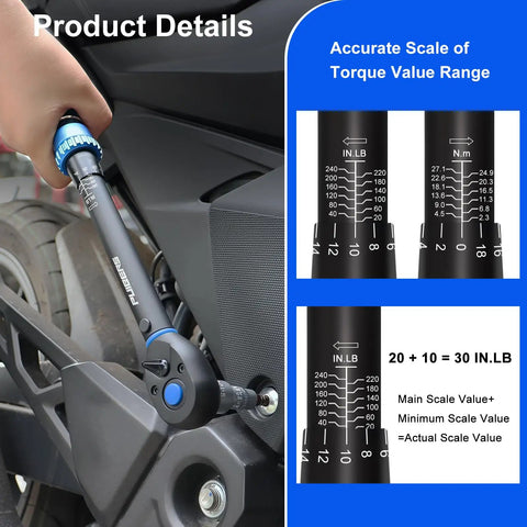 Garage-Ready Pro Grade Three-Eighths-Inch Drive Torque Wrench Kit With 20-240 In-Lb Range used on motorcycle showing torque scale.