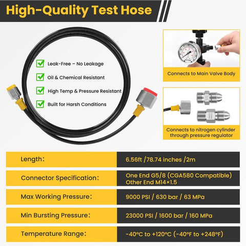 Beefed-Up Hydraulic Nitrogen Accumulator Charging Kit With Pressure Test System For Fast Inflation, 7 Adapters, 3 Gauges, 1 Gas Hose, G5/8 To CGA580 Male Adapter, Flat-Cut Adapters, Stainless Fittings, Flow-Through Needles